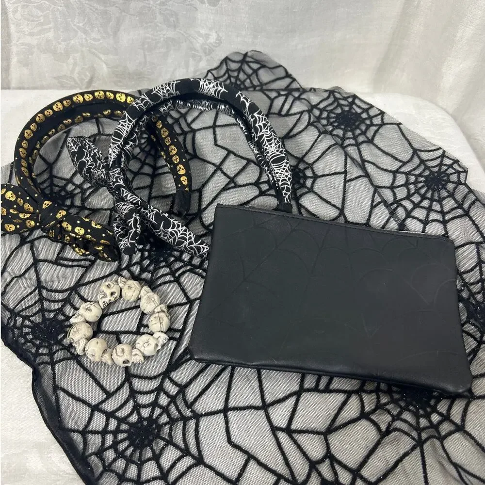 Spookie Set Skulls Spiderwebs Headband Bracelet Pouch Bag Goth Halloween
